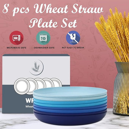 Wheat Straw Plates - 10 Inch Unbreakable Dinner Plates Set of 8 - Dishwasher & Microwave Safe Plastic Plates Reusable - Lightweight Plates for kitchen,camping (Ocean Series)