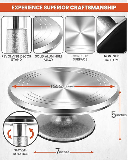 RFAQK 250 PCs Aluminum Cake Decorating Tools Kit with 12" Metal Turntable & Knife set-48 Numbered Icing Tips-3 Russian Piping Nozzles-Straight & Angled Spatula-Cake Leveler& Baking Supplies Tools