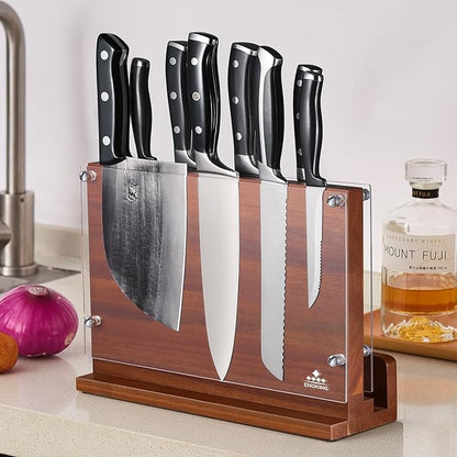 ENOKING Magnetic Knife Block with Acrylic Shield 12 x 9 Inches, Double Side Kitchen Knife Holder without Knives- Acacia Wood Universal Knife Storage Organizer with Powerful Magnet for Kitchen Counter