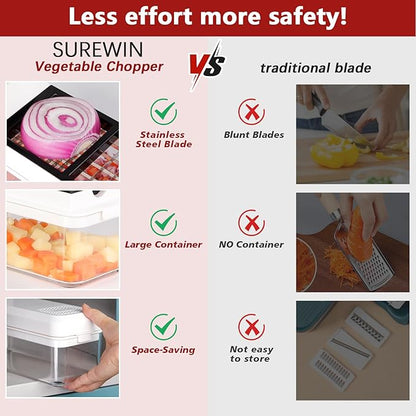 Vegetable Chopper, Onion Chopper Dicer, Mandoline Slicer, Food Chopper with Container, Vegetable Cutter for Salad Potato Carrot Garlic（2 Blades, White Black）