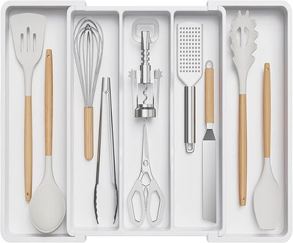 Lifewit Utensil Organizer for Kitchen Drawers, Expandable from 13‘’ to 22.4'', 15'' Depth, Plastic Cutlery Silverware Flatware Holder, Spatula Tools and Gadgets Storage, Large, White
