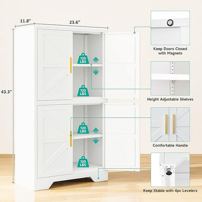 SISESOL White Storage Cabinet with 4 Doors and 2 Adjustable Shelves,Farmhouse Food Pantry Cabinets,Small Bathroom Cabinet,4 Tier Metal Storage Cabinets for Home Kitchen,Dining/Living/Laundry/Room