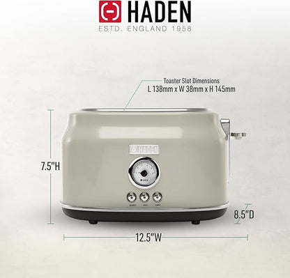 Haden Dorset 2 Slice Wide Slot Stainless Steel Toaster with Adjustable Browning Control & Non-Slip Feet, Putty & Chrome