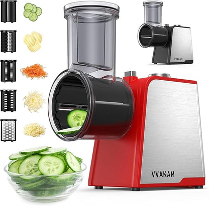 Electric Cheese Grater, 300W DC Motor Rotary Cheese Grater with 5 Different Shapes of Blades, Vegetable Cutter for Potato, Nuts, Kitchen Chopper with Non-slip Suction Base, Red