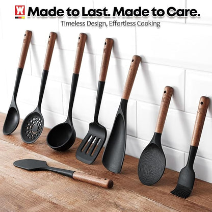 Silicone Slotted Large Spatula: Cooking Turner with Wooden Handle for Flipping and Lifting, Heat Resistant Cookware, BPA Free, Protects Surfaces with Gentle Head Design