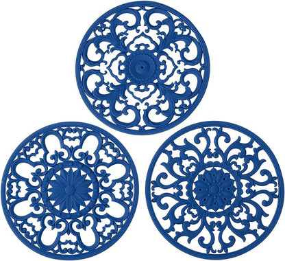 Extra Thick Silicone Trivet Mat for Hot Dishes, Hot Pots and Pans, Pot Holder, Hot Pad to Portect Your Table and Countertop, Kitchen Decor and Accessories,Navy Blue, Set of 3