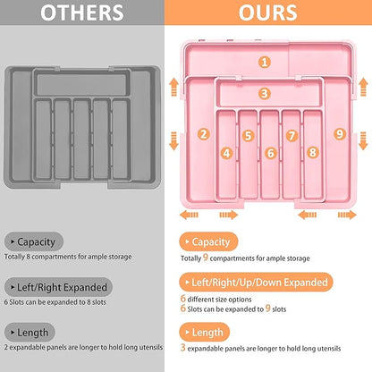 Silverware Organizer Expandable Kitchen Utensil Drawer Organizer Large BPA Free Adjustable Cutlery Silverware Tray for Spoons Forks Knives Storage Divider for Kitchen Flatware 6-9 Slots Pink