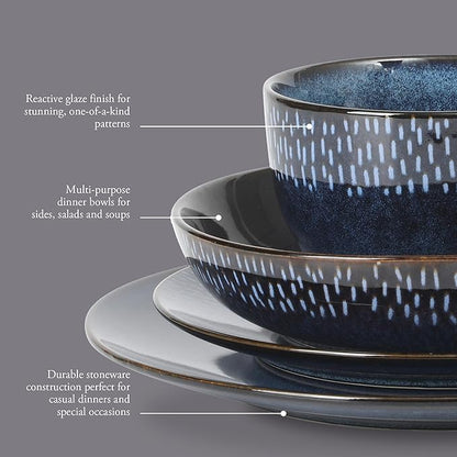 Gibson Elite Matisse 16-Piece Dinnerware Set – Double Bowl Reactive Glaze Stoneware in Blue – Plates and Bowls for 4, Microwave & Dishwasher Safe, Rustic Modern Design
