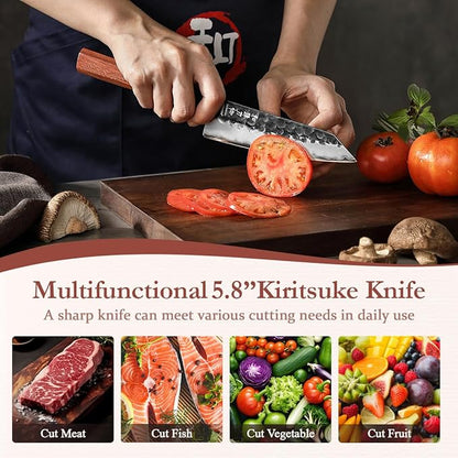 HEZHEN Kiritsuke Knife, 5.8 Inches Small Chef Knife, 3 Layers High Carbon Clad Steel, Composite Forging Steel Paring Knife, Redwood Octagonal Handle