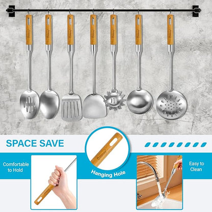 Large Stainless Steel Kitchen Utensils Set, 7 Pcs Cooking Utensils Set with Wooden Handle, Heat Resistant Spatula Tools Set for Cooking, Food Grade Utensils Sets with Turners Spoon Ladle Pasta Fork