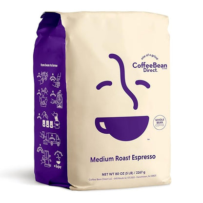 Coffee Bean Direct Medium Roast Espresso, Whole Bean Coffee, Medium Roast, 5 Pound Bag (Pack of 1)