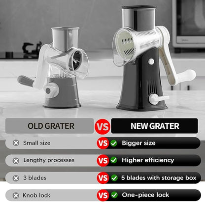 Rotary Cheese Grater, 5 in 1 Rotary Grater, Replaceable Stainless Blades Cheese Shredder, Cheese Slicer, Cheese Grater Hand Crank, Easy to Clean Kitchen Gadgets with Storage Box