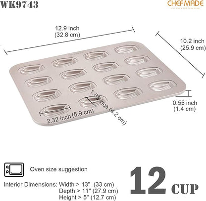 CHEFMADE Mini Madeleine Mold Cake Pan, 16-Cavity Non-Stick Tiny Oval Shell Madeline Bakeware for Oven Baking (Champagne Gold)