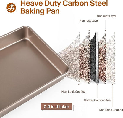 Rectangle Cake Pan, 9x11 Baking Pan, Deep Bread Pan Nonstick, Toaster Oven Tray Bakeware for Brownies, Heavy Duty, 11x9x2 Inch, Pack of 2, Gold, Easy Release