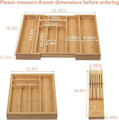 Bamboo-Silverware-Drawer-Organizer-Kitchen, Expandable Utensil Holder Cutlery Tray Flatware Organization Adjustable Wood Tableware Dividers Storage (with Removable Knife Block)(Natural)