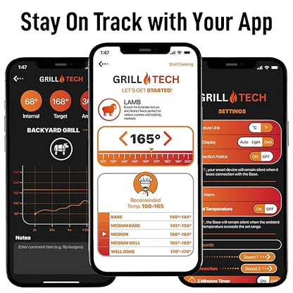 Grill Tech Wireless Meat Thermometer Digital – Bluetooth Smart Food Thermometer, Perfectly Cook Your Steak, Chicken, Brisket And More, 950ft Range, USB-C Rechargeable Case & GrillTech App for Grilling