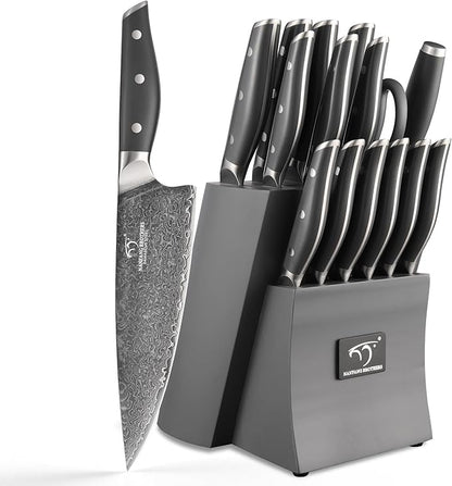 NF NANFANG BROTHERS Damascus Kitchen Knife Set, 16-Piece with Block, ABS Ergonomic Handle, Carving Fork, Disconnect-type Knife Block (Gray)