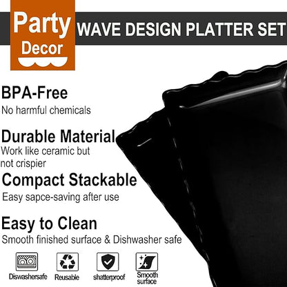 KAQAHIDO 17" x 8" x 1.5" Black Serving Tray Set, Wave Edge Melamine Platters for Cookie, Appetizer, Charcuterie, Snack, Dessert, Party Food Display, Stackable, Set of 2