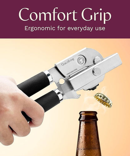 Premium Multifunctional Magnetic Manual Can Opener and Bottle Opener, Heavy Duty Stainless Steel Sharp Cutting Blade and Oversized Easy Turn Knob, Soft-Touch Handle, Kitchen Use, Black