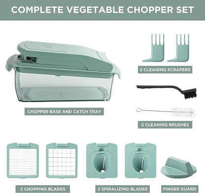 ook with Color Vegetable Chopper - Multifunctional 11 in 1 Vegetable Chopper with Container - Food Chopper to Dice, Chop, Slice, Julienne and Spiralize, Sage