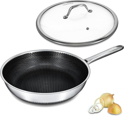 Hybrid Nonstick Frying Pan with Lid 12 Inch,Stainless Steel Honeycomb Pan Compatible with All Cooktops Dishwasher and Oven Safe