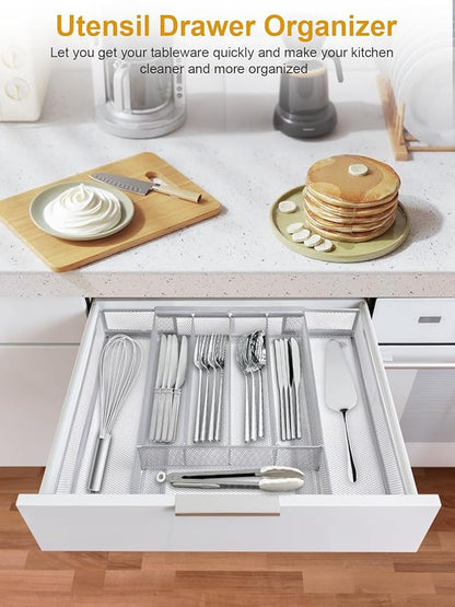Silverware Organizer Metal Mesh, Drawer Organizer, Utensil Cutlery Tray Expandable Flatware Organizer with 7 Compartment Silver 9.4"~17.3" x 13.7"