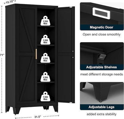 71" Tall Metal Storage Cabinet with 2 Doors and 4 Adjustable Shelves, 5-Tier Kitchen Pantry Storage Cabinet for Kitchen, Living Room, Dining Room and Office, Black
