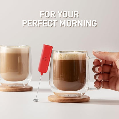 Mini & Mighty Milk Frother Wand – Powerful Handheld Coffee Frother, Battery Operated Drink Mixer – Compact Pocket Size – Detachable Whisk for Latte, Cappuccino, Matcha, Hot Chocolate – Red