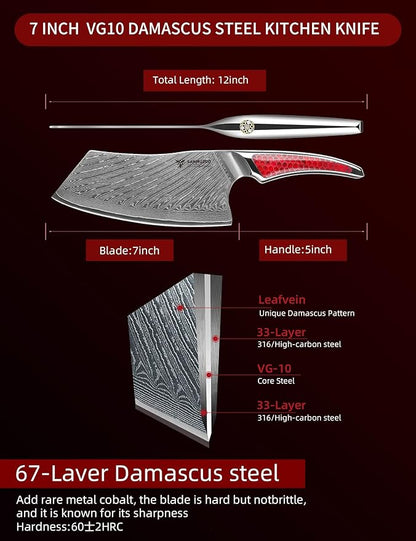 7 inch Nakiri Knife, Japanese VG-10 Damascus Steel Meat Cleaver, Ultra Sharp Vegetable Knife with Full-tang Handle in Red Resin, LA-S9 Series