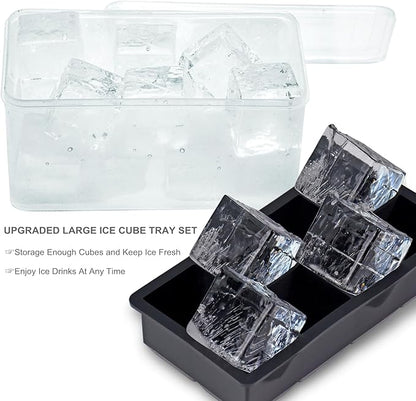 Bangp Large Ice Cube Tray with Bin and Tongs,2 Pack Large Size Silicone Ice Cube Trays for Whiskey, Big Square Ice Cube Molds Making 16 Giant Ice Cubes for Whiskey Cocktails Bourbon