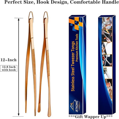 JETKONG 2 Pcs 12-Inch Kitchen Tweezers Cooking Tweezer Tongs Stainless Steel Long Food Tweezers (Rose Gold)