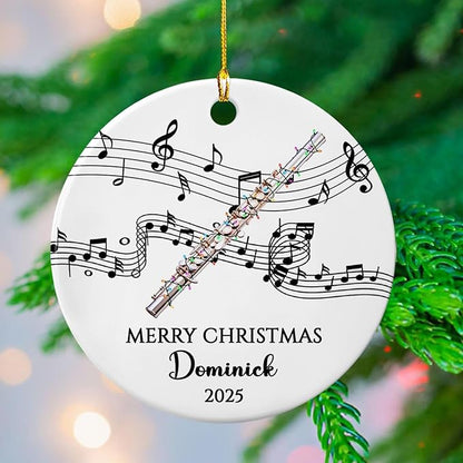 Customized Text/Year/Name Flute Player Ceramic Ornament, Personalized Xmas Ornaments Gift for Flautist Instrument Lover Brother Sister Dad Mom Daughter Son, Unique Flute Musical Ceramic Ornament