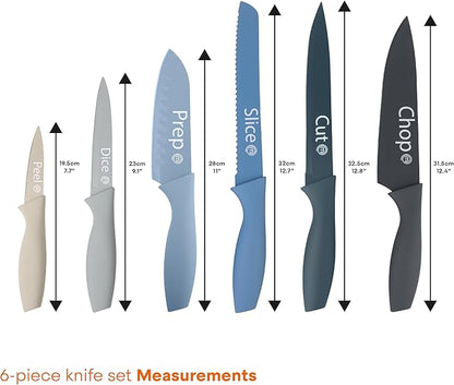 MasterChef Kitchen Knife Set with Covers, 6 Professional Chef Knives for Home Kitchens, Extra Sharp Cutting Stainless Steel Blades & Protective Sheaths, Soft-Touch Easy-Grip Handles, Nordic Blues