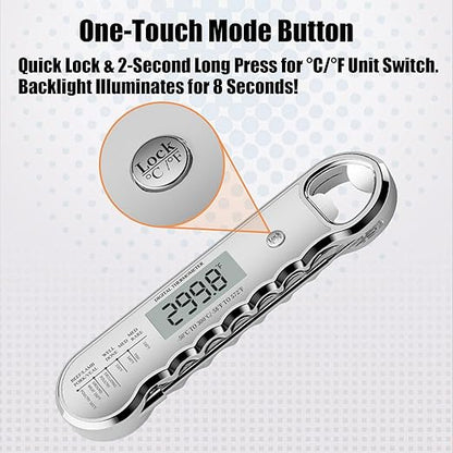 Professional Digital Meat Thermometer with Bottle Opener, Instant Read in 0.5 Sec, ±0.5℉ Accuracy, Premium Plastic Body with Vacuum Electroplating Technology，Waterproof with Auto-Rotate LED Screen