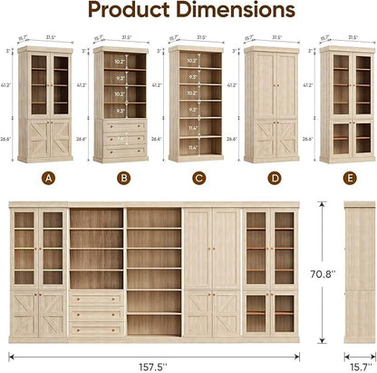 70.8" Tall Farmhouse Bookshelf, Modular Bookcase with Glass Doors, 6-Tier Adjustable Shelves, Large Storage Cabinet for Kitchen, Living Room, Brown, Set of 2