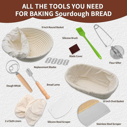 Bread Proofing Basket Set, Round 9 Inch and Oval 10 Inch Banneton Bread Bowl, Sourdough Bread Making Supplies Tools with Bread Lame, Danish Whisk, Bowl Scraper, Sourdough Scraper, Liners