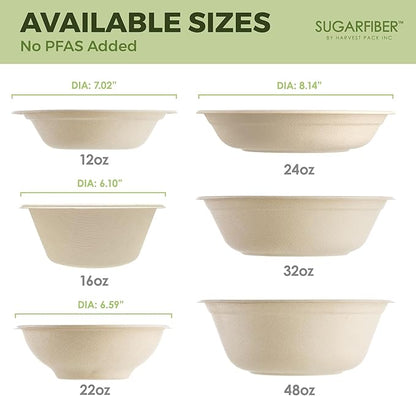 [500 Count]Harvest Pack 16oz PFAS FREE Round Paper Bowls Bulk, Compostable Heavy-Duty Eco-Friendly Disposable Bagasse Acai Bowls, Sugarcane Natural plant fibers for Meal Prep Takeout Dinnerware