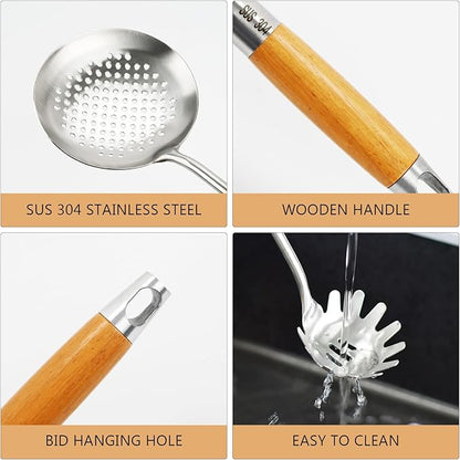 18/8 Stainless Steel Kitchen Utensils Set with Wood Handle, 6 Pcs 15 inch Cooking Utensils Tools, Turner, Ladle, Spoons & Pasta Server