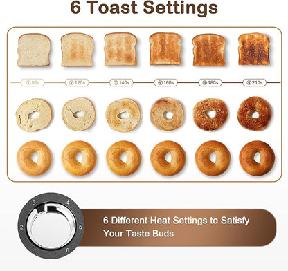 Mecity 4 Slice Toaster, Long Slot Toaster with Timer, Bagel, Defrost, Reheat, Cancel Functions, Warming Rack, Removable Tray, 6 Browning Settings, Extra Wide Slots, Stainless Steel, 1300W
