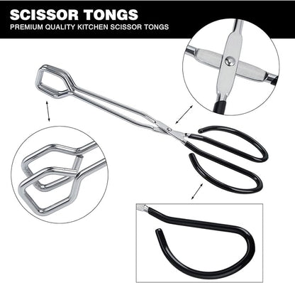 MSY BIGSUNNY Stainless Steel Scissor Tongs Heavy Duty Cooking Tongs with Soft Handles (1, black 10")