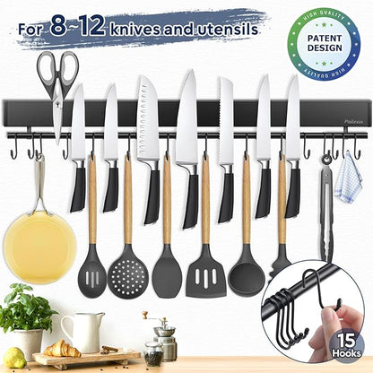 23 inch magnetic knife holder with 15 hooks, No Drilling black knife magnetic strip and utensil hanger for wall, Powerful knife magnet rack include tape and screws