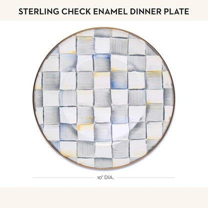 MACKENZIE-CHILDS Enamel Dinner Plate, Decorative Dinnerware Plate, 10 Inches, Set of 1, Gray-and-White Sterling Check