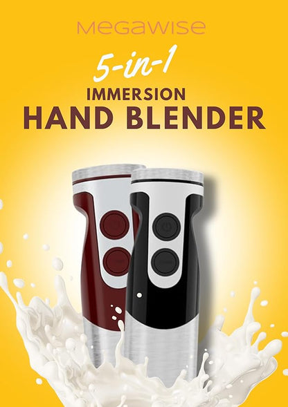 MegaWise 5-in-1 Hand Blender Set with Variable Speed Control, 400W Immersion Blender - Includes Whisk, Milk Frother, Chopper, and Beaker for Smoothies, Soups, and Baby Food (RED)