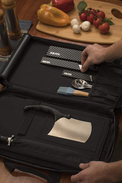 Asaya Chef Knife Bag - 28 Pockets for Knives and Kitchen Utensils - Durable Ballistic Nylon, Black Stainless Steel Hardware, Card Holder and Adjustable Shoulder Strap - Knifes not Included