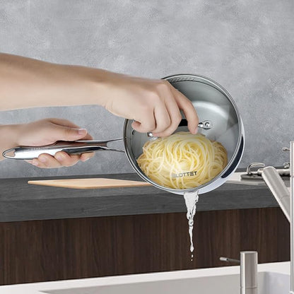 Tri-Ply Full Body Stainless Steel Sauce Pan with Steamer,1.5 Quart Small Multipurpose Pasta Pot with Strainer Glass Lid, Saucepan with Pour Spout for Cooking Stay-cool Handle.