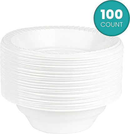 PLASTICPRO Round Plastic Bowls Microwaveable, Disposable, White, Dinnerware (100, 16 ounce)
