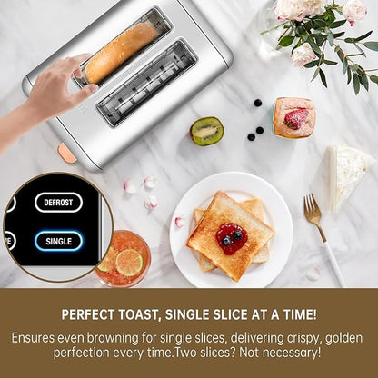 SEEDEEM Toaster 2 Slice, Real Touch Screen with LCD Display, Single-Slice Function, Stainless Steel Toaster, 50% Faster Heating, 1.5" Wide Slots, Removable Crumb Tray, 1350W, Silver Metallic