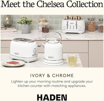 Haden Chelsea 2 Slice Wide Slot Toaster with Adjustable Browning Control, Ivory & Chrome