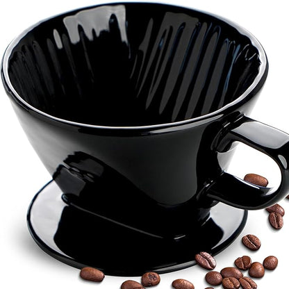 Handmade Pour Over Ceramic Coffee Dripper - Authentic Brewing Experience for Camping, Office, and Home (Black)