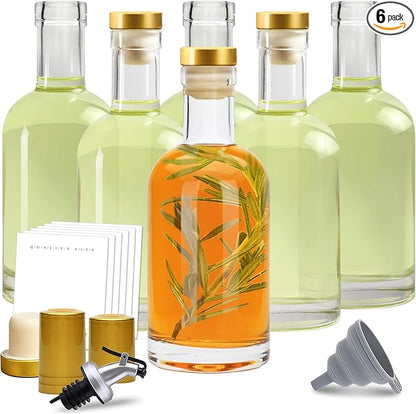 Olive Oil Dispenser Bottle for Kitchen, Clear Glass Oil and Vinegar Dispenser Set, Coffee Syrup Dispenser, Container With Metal Pour Spout, Airtight Lid, Funnel, Waterproof Labels (200ml-6 Pack)